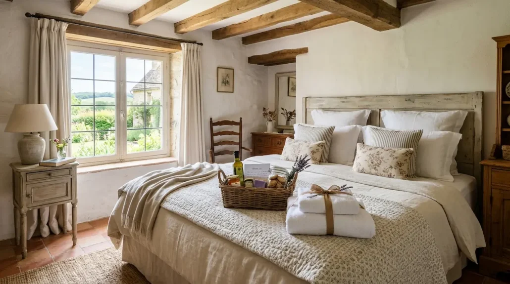 Welcome basket and towels for preparing your chalet for rental in Quebec in a rustic bedroom