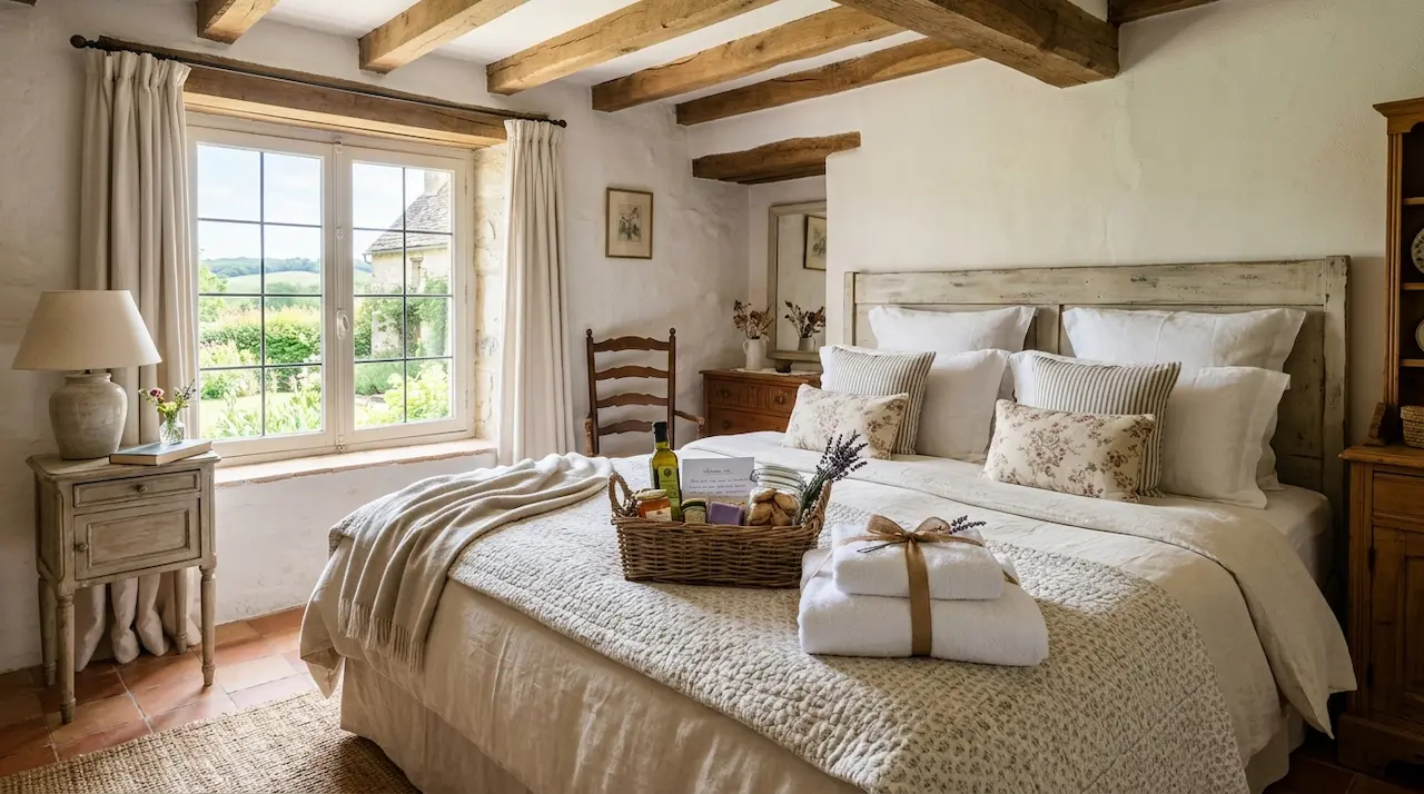 Panier de bienvenue et serviettes pour préparer son chalet pour la location au Québec dans une chambre rustique