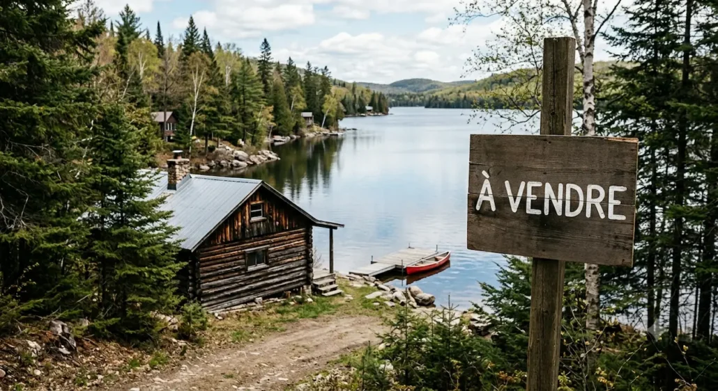 Pancarte à vendre au bord d'un lac, étape pour vendre un chalet locatif en bois