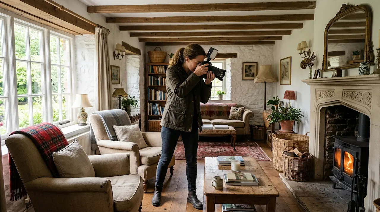Photographer capturing the living room of a rental chalet with a lit fireplace to create an attractive listing