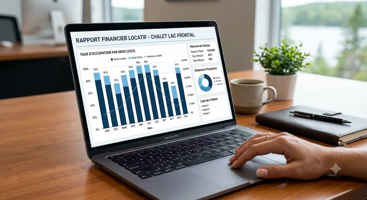 Ordinateur portable affichant un rapport financier locatif avec taux d'occupation par mois