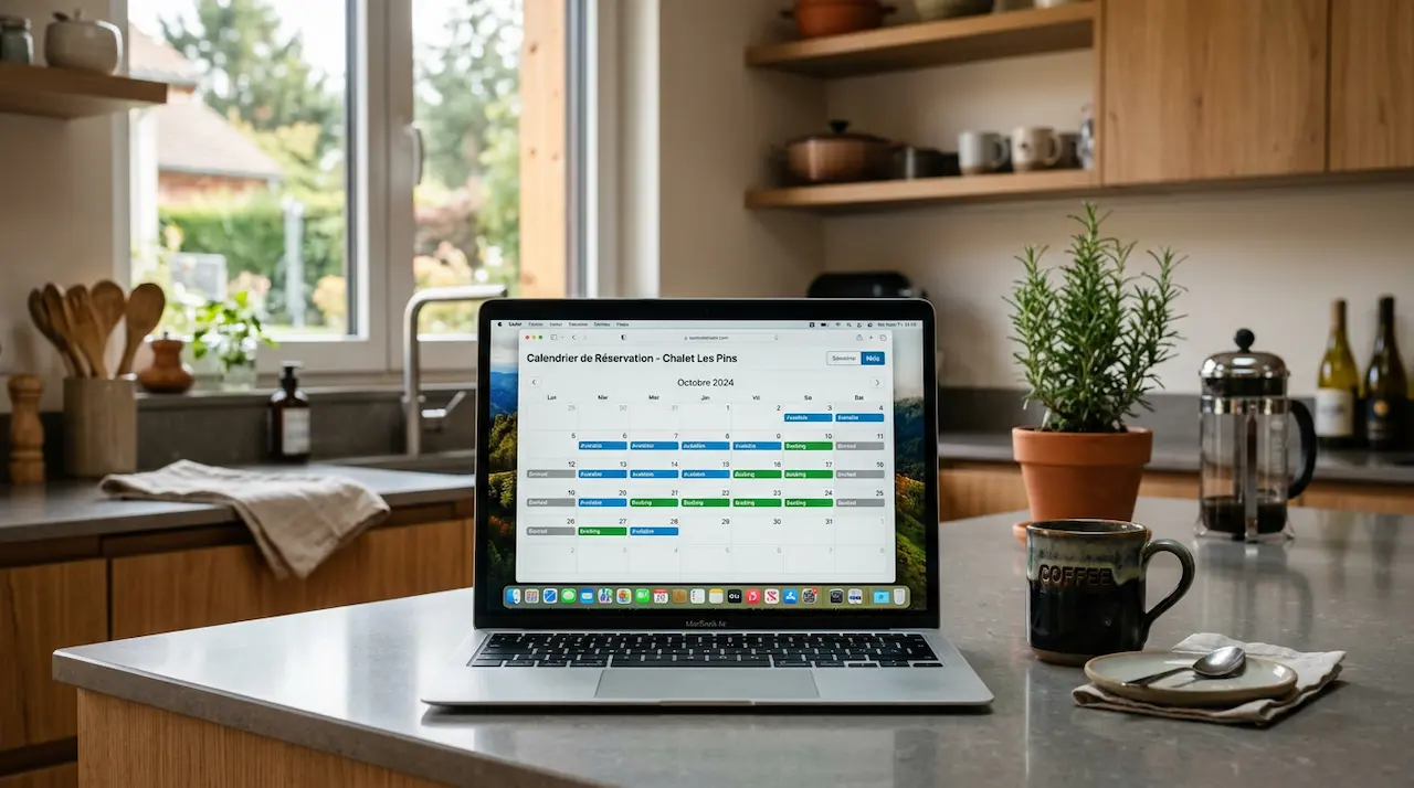 Laptop displaying a chalet's booking calendar on a kitchen counter