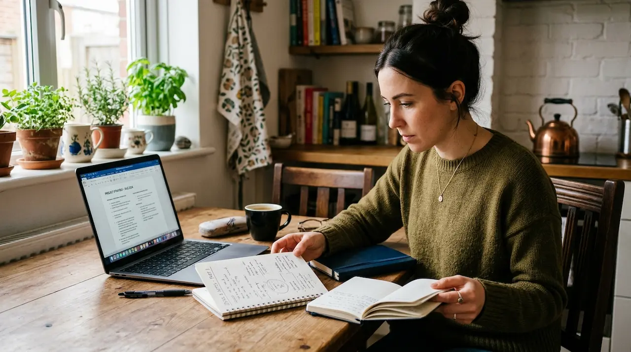 Propriétaire de chalet comparant les options de gestion locative avec un ordinateur portable et des notes manuscrites
