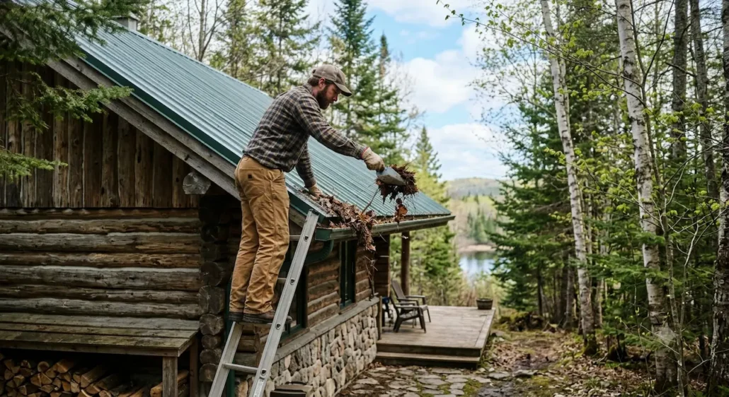 Man on a ladder cleaning the roof gutter of a chalet in spring