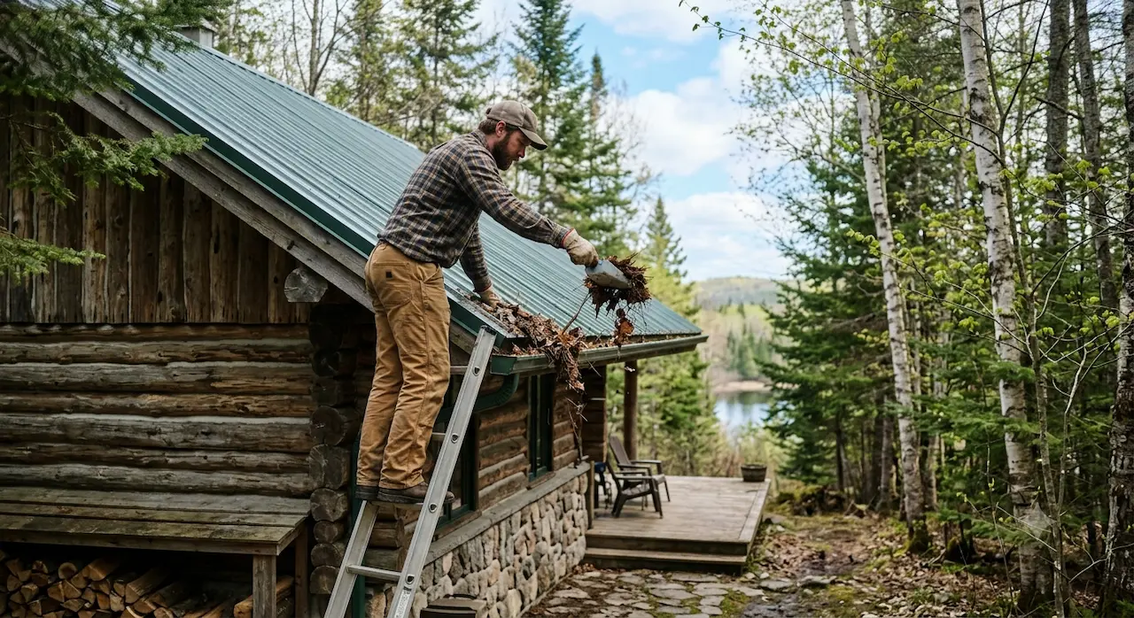 Man on a ladder cleaning the roof gutter of a chalet in spring