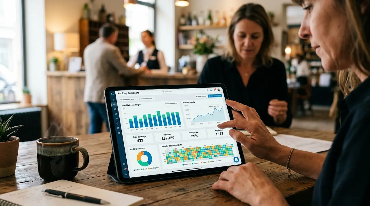 Tableau de bord de réservations sur une tablette présenté par une gestionnaire à une propriétaire de chalet