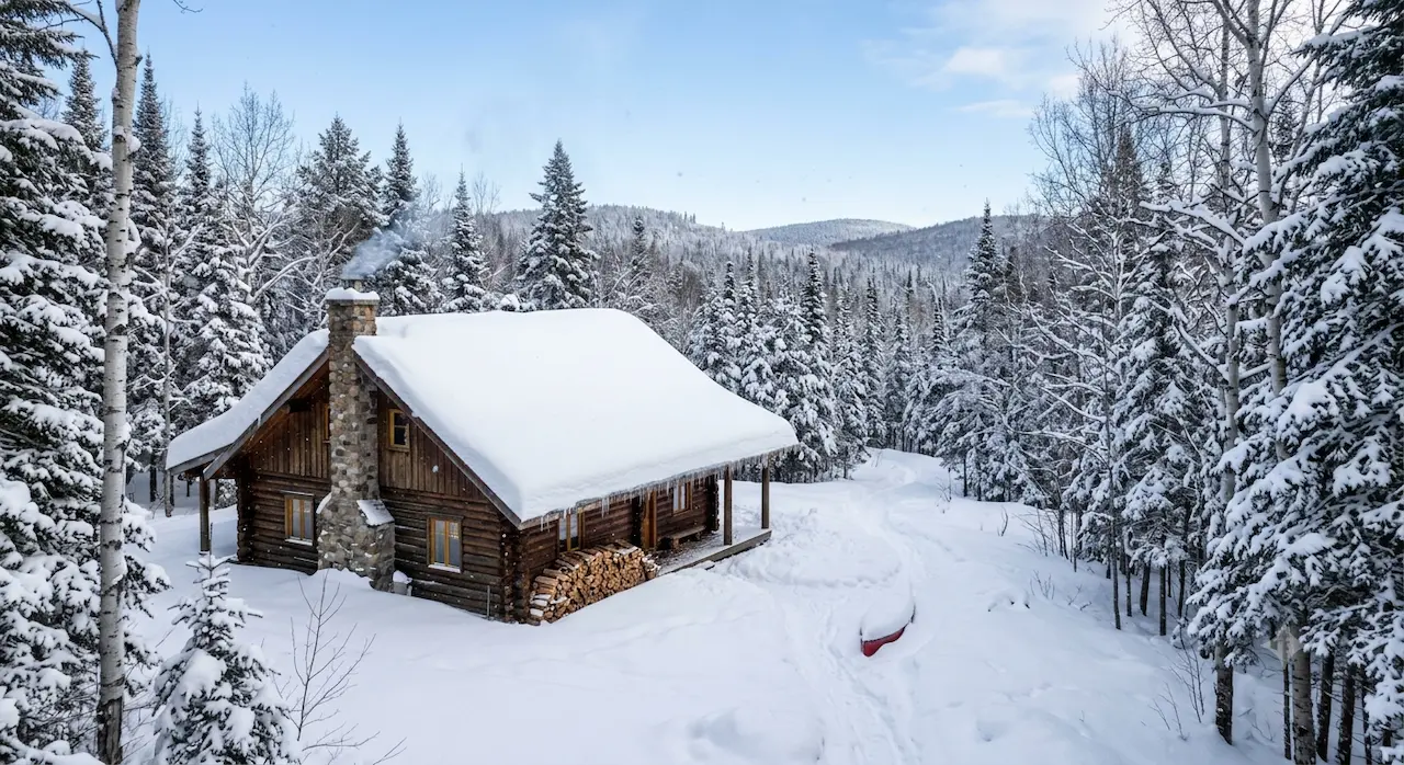 Chalet en bois au toit couvert de neige dans une forêt, entretien de chalet locatif en hiver