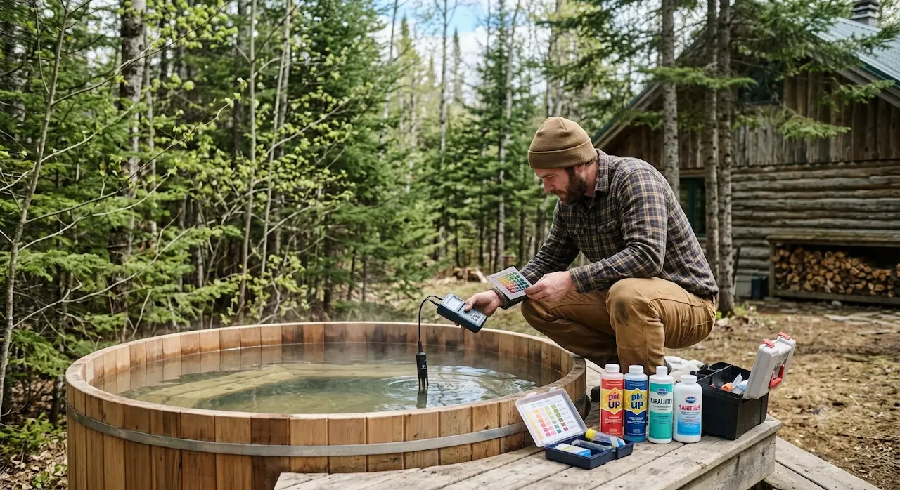 Man testing the water in an outdoor wooden spa with test strips and maintenance products