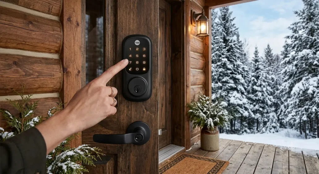 Main sur le clavier d'une serrure connectée pour gérer un chalet locatif à distance en hiver