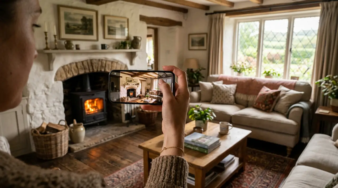 Téléphone photographiant le salon d'un chalet avec foyer allumé pour documenter l'état des lieux avant un séjour