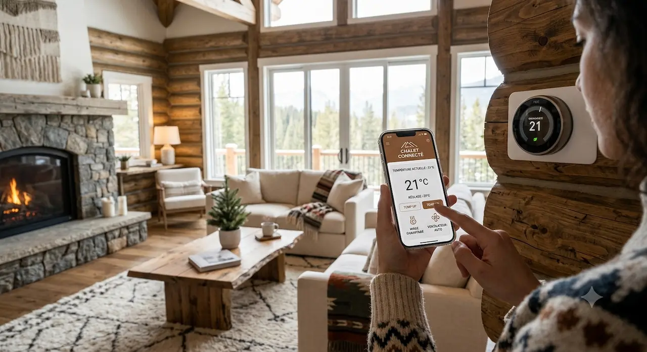 Personne réglant un thermostat connecté depuis une application dans le salon d'un chalet