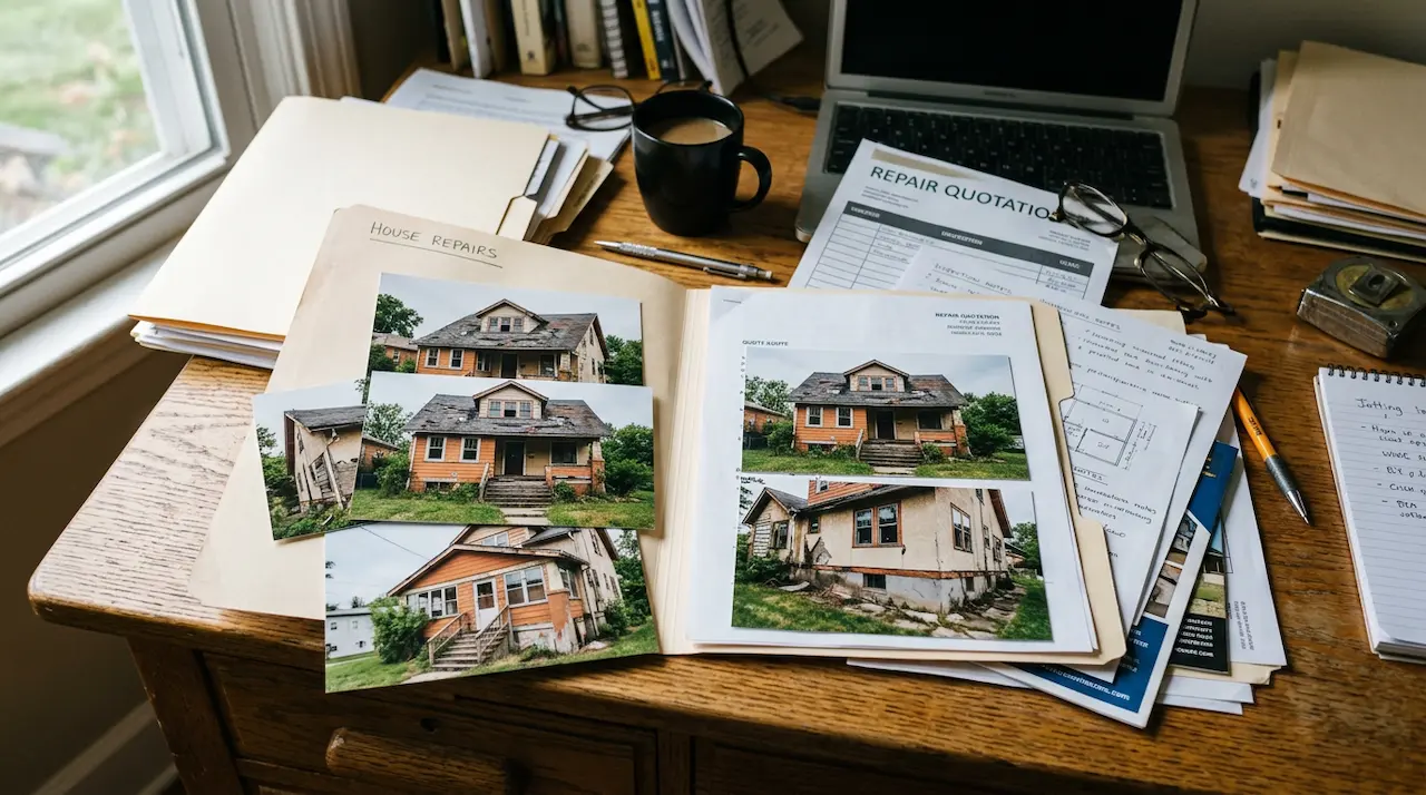 Dossier de preuves avec photos imprimées et notes sur un bureau pour appuyer une réclamation de dommages