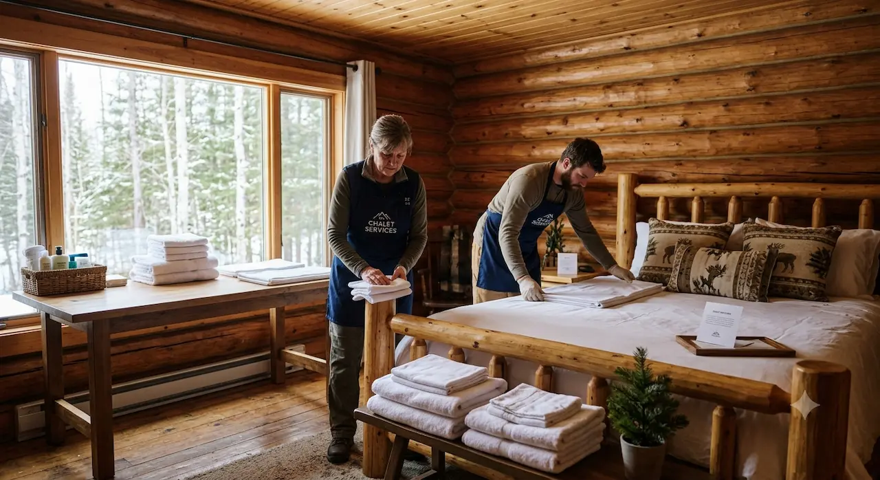 Deux membres d'une équipe de ménage préparant la chambre d'un chalet avec draps et serviettes