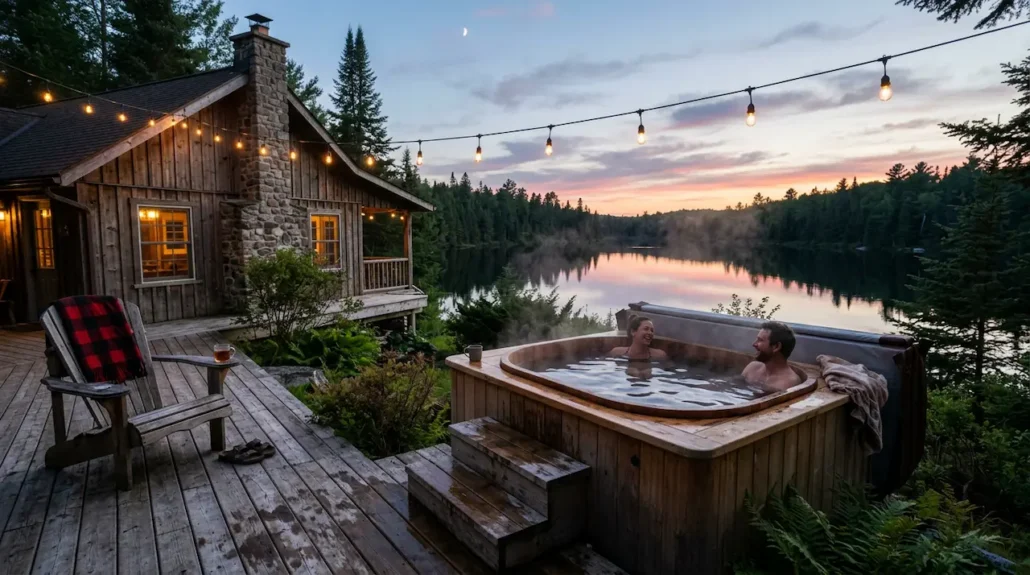 Outdoor spa by a lake at dusk, among the profitable investments for a rental chalet in Quebec