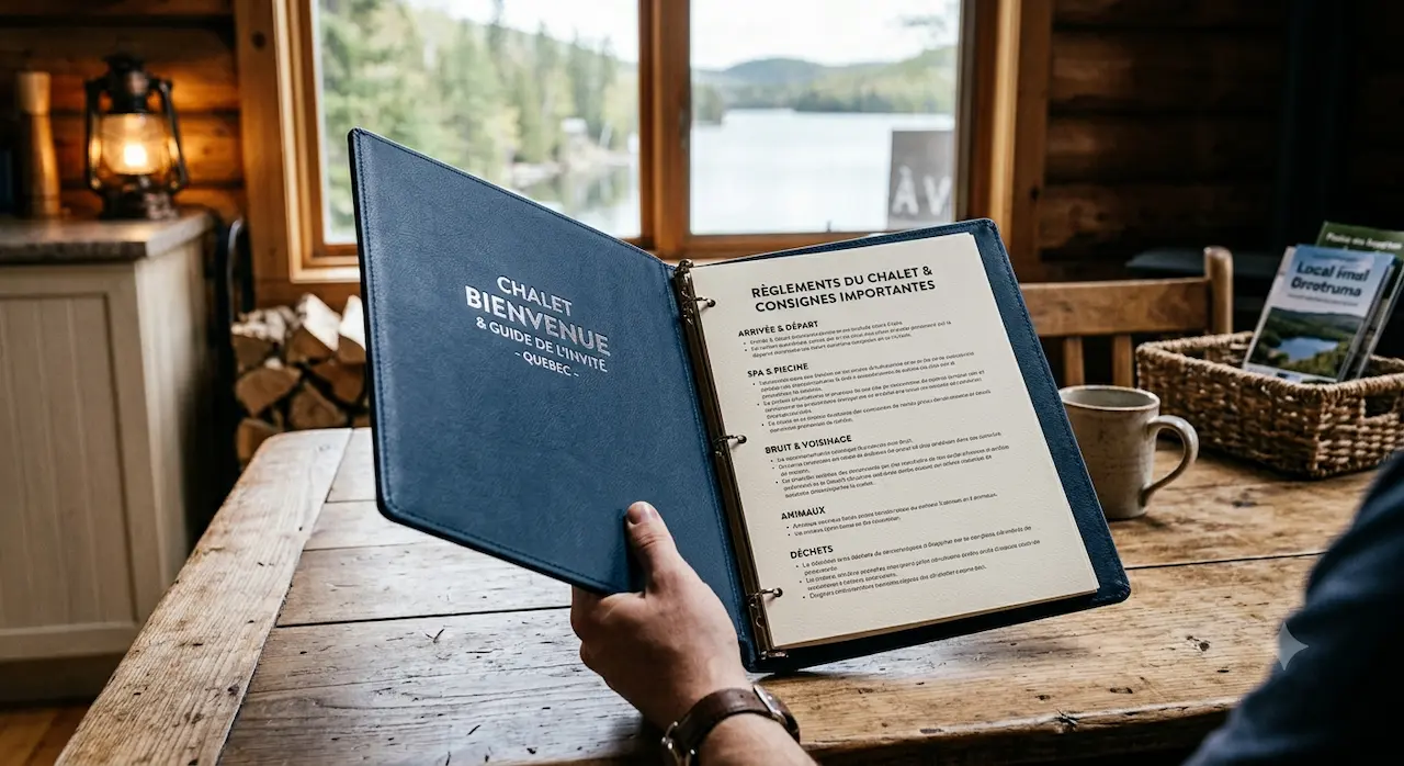 Cahier d'accueil ouvert présentant le règlement de chalet locatif tenu en main devant un lac