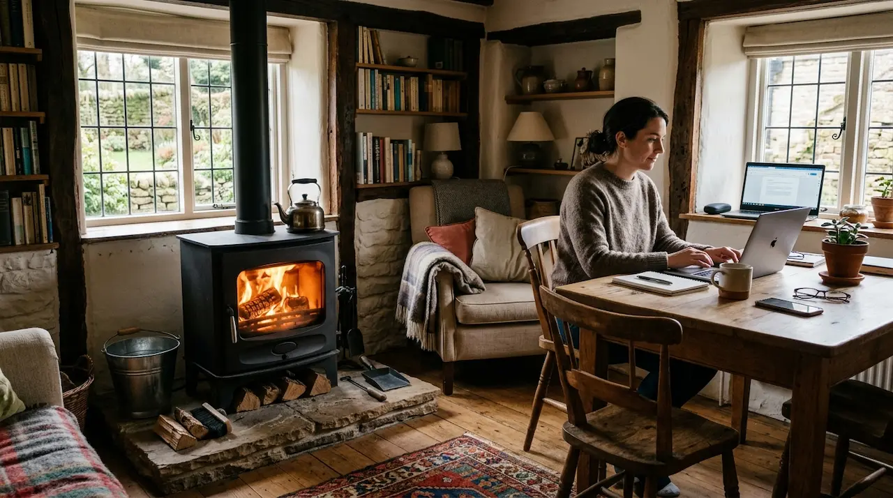 Chalet living room with a lit wood stove and a remote-work corner offering four-season comfort for rental
