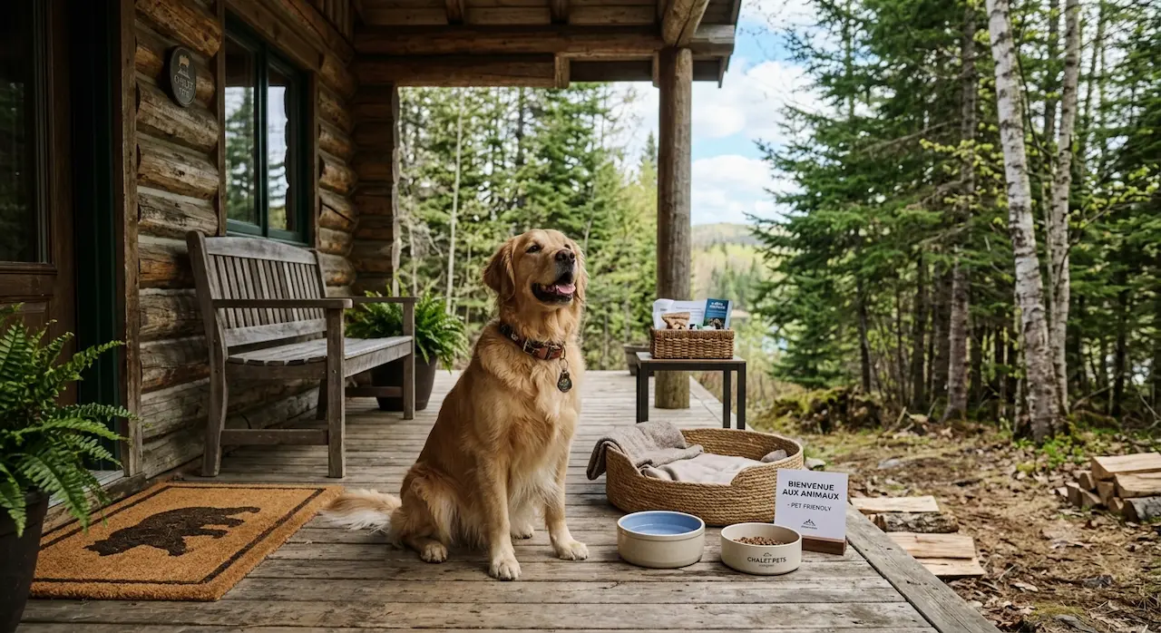 Golden retriever assis sur la terrasse d'un chalet avec bols, panier et affiche accueil des animaux