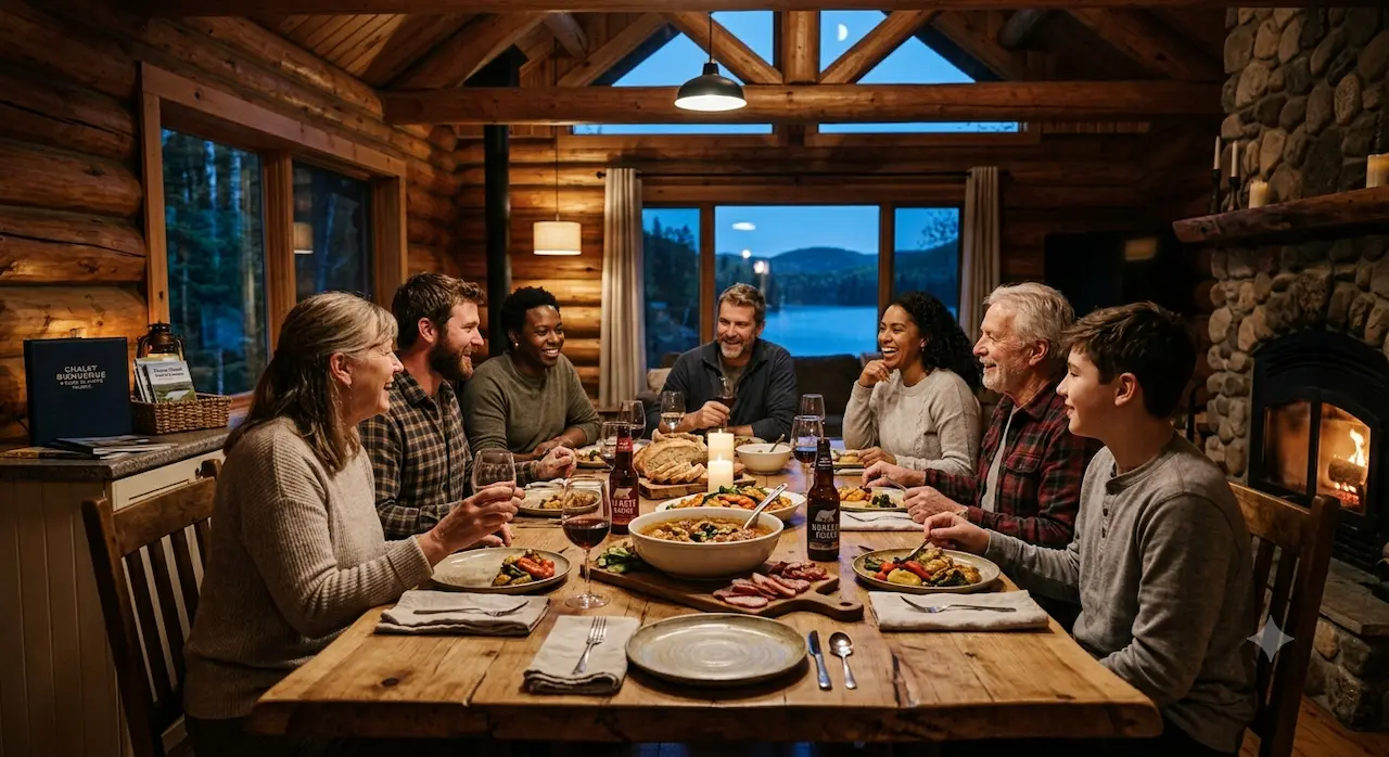 Groupe d'invités réunis autour d'une table de chalet en soirée près d'un foyer allumé