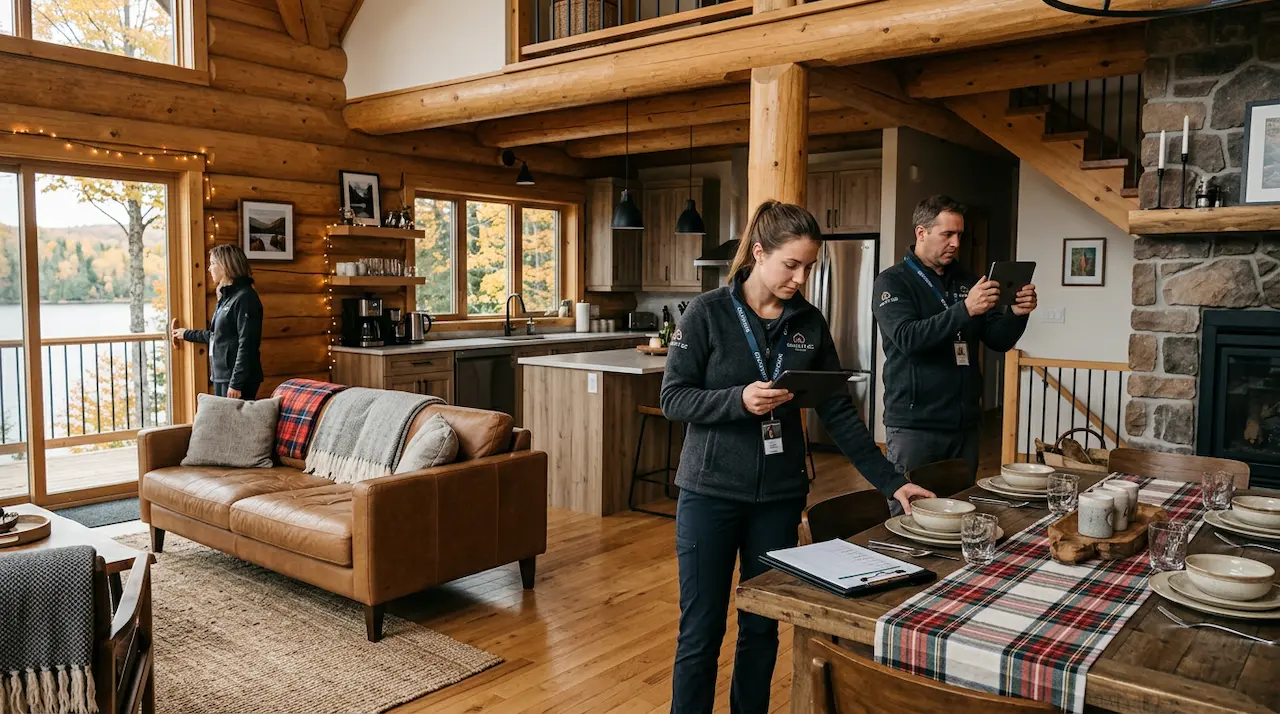 Rental chalet management team in Quebec preparing a chalet for short-term rental before travelers arrive