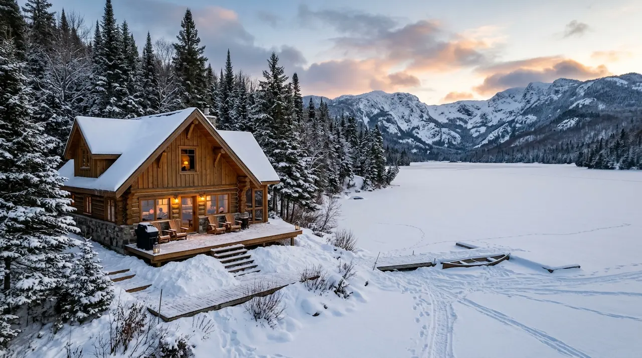 Wooden chalet by a lake in the Laurentians offered for short-term rental during winter