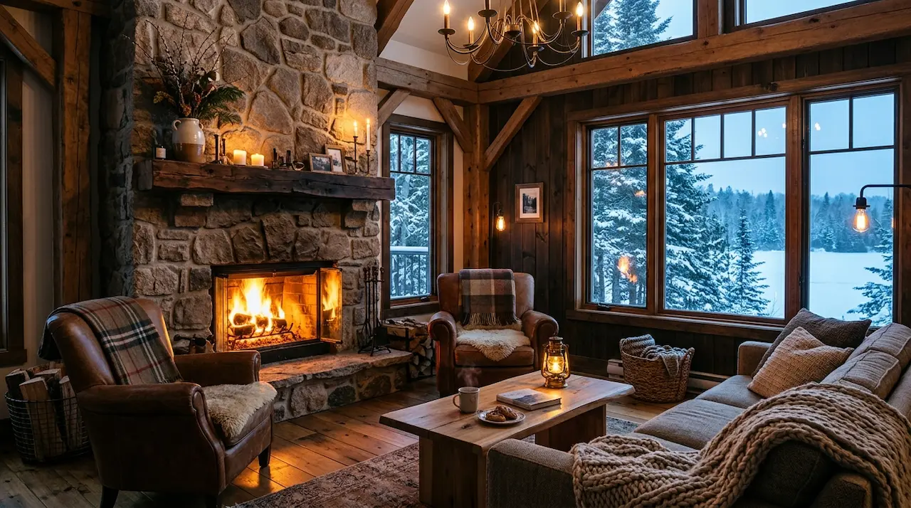 Warm interior of a rental chalet with a fireplace, ready to welcome travelers in Quebec