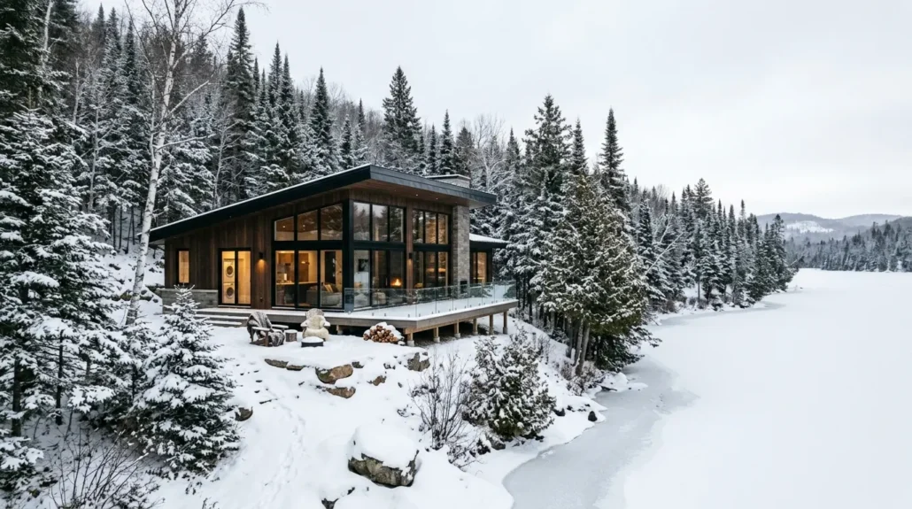 Chalet locatif au bord d'un lac au Québec illustrant les revenus de location d'un chalet au Québec en toutes saisons