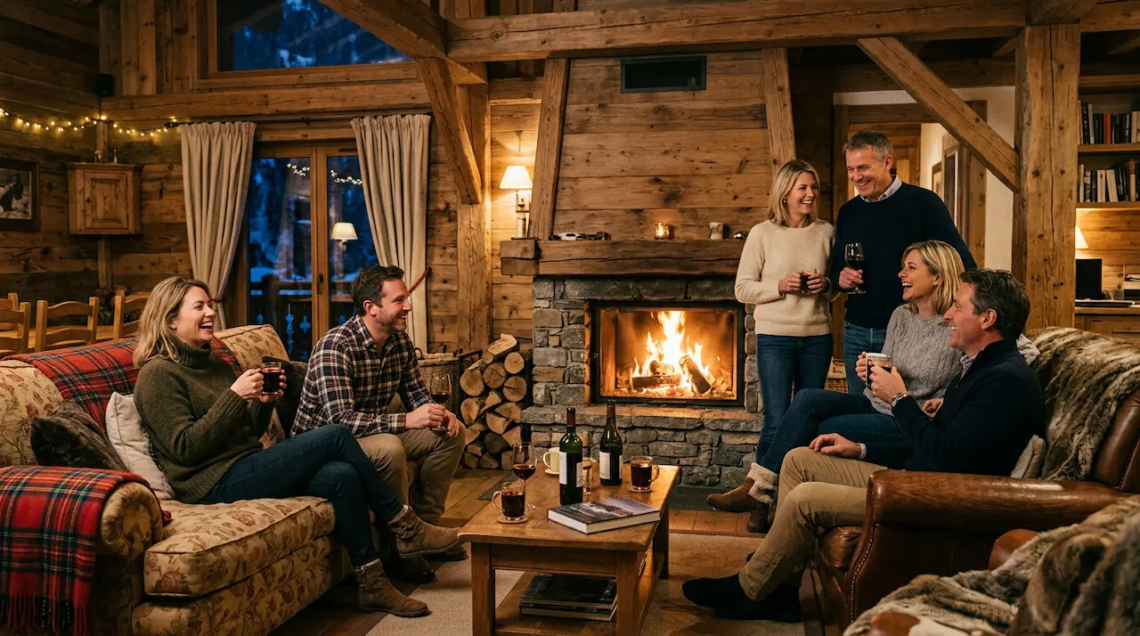 Intérieur chaleureux d'un chalet locatif avec foyer et grande table pour accueillir des voyageurs