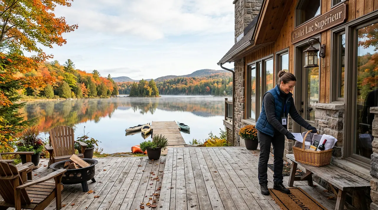 Équipe de gestion préparant un chalet locatif au bord d'un lac dans les Laurentides avant l'arrivée des voyageurs