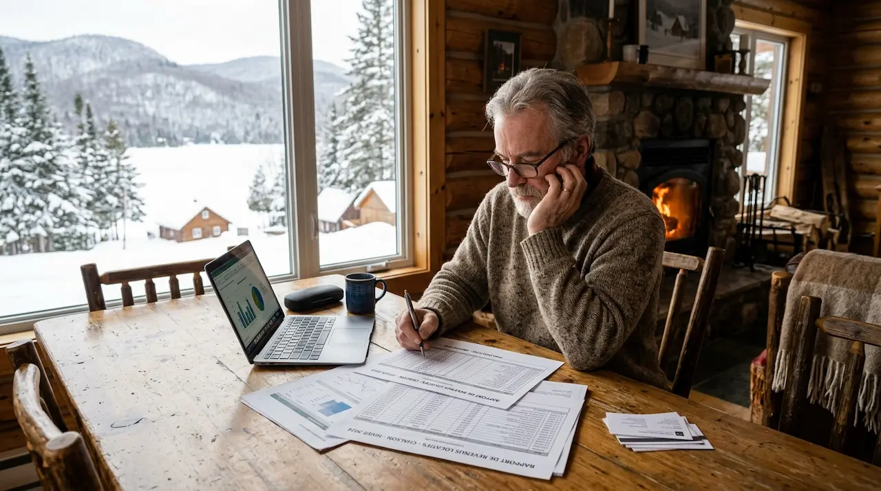 Propriétaire consultant un rapport de revenus locatifs pour son chalet géré professionnellement au Québec 